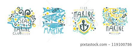 Sea and Marine Club Hand Drawn Logo and Label Original Design Vector Set 119100786