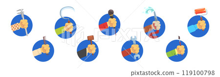 Male Hand Holding Tools and Symbols of Different Profession Vector Set 119100798