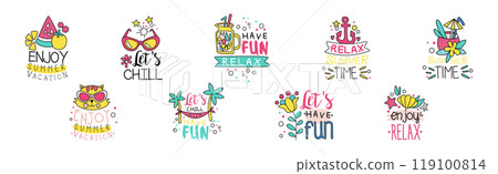 Summer Day Chill and Relax Sticker with Inscription Vector Set 119100814