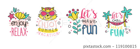 Summer Day Chill and Relax Sticker with Inscription Vector Set 119100815