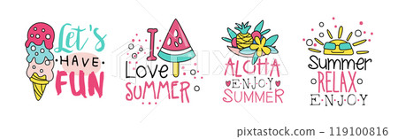 Summer Day Chill and Relax Sticker with Inscription Vector Set Summer Day Chill and Relax Sticker with Inscription Vector Set 119100816
