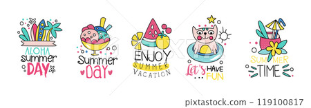 Summer Day Chill and Relax Sticker with Inscription Vector Set 119100817