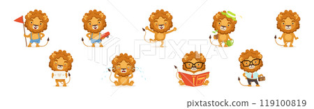 Cute Lion Character with Orange Mane and Tail Vector Set 119100819