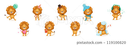 Cute Lion Character with Orange Mane and Tail Vector Set 119100820