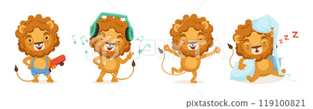 Cute Lion Character with Orange Mane and Tail Vector Set 119100821