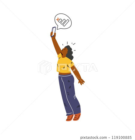 Vector illustration of a lost girl holding a smartphone in her hands to catch a connection. Vector illustration of a lost girl holding a smartphone in her hands to catch a connection. 119100885