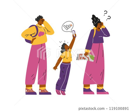 Vector illustration of a couple and their child who are lost without phone signal. Vector illustration of a couple and their child who are lost without phone signal. 119100891