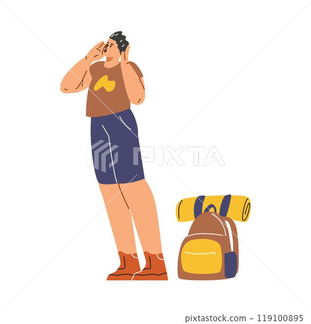 Man get lost in wilderness, screams trying to call for help and find way home, vector frightened disoriented tourist Man get lost in wilderness, screams trying to call for help and find way home, vector frightened disoriented tourist 119100895