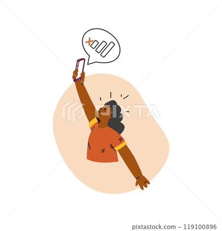 Vector icon girl traveler with a phone in her hands, experiencing the loss of GPS 119100896