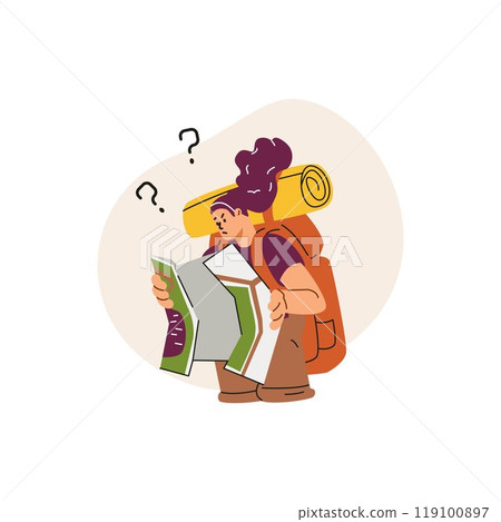 Confused woman backpacker hold paper map tracking route get lost in wilderness nature, vector frustrated female tourist Confused woman backpacker hold paper map tracking route get lost in wilderness nature, vector frustrated female tourist 119100897