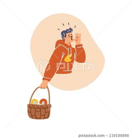 Boy with a basket of mushrooms got lost in the forest. Boy with a basket of mushrooms got lost in the forest. 119100898