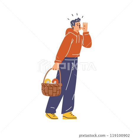 Man with basket of mushrooms get lost in wilderness, screams trying to call for help, vector disoriented mushroom picker Man with basket of mushrooms get lost in wilderness, screams trying to call for help, vector disoriented mushroom picker 119100902
