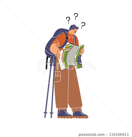Vector illustration a lost traveler with a map who is looking for the right path. 119100911