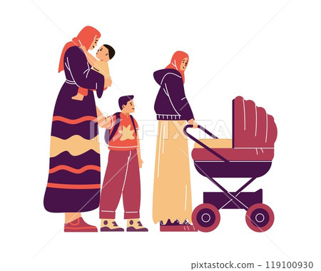 Vector illustration of a happy mother with many children in a hijab with her children Vector illustration of a happy mother with many children in a hijab with her children 119100930