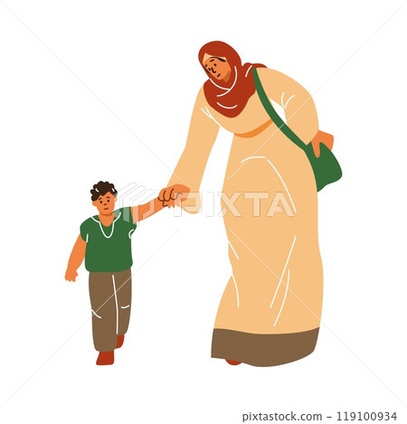 Vector illustration of family moments a happy young mother in a hijab holding son's hand 119100934