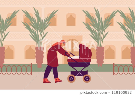 A Muslim mother rolls a stroller with a baby in front of her. 119100952