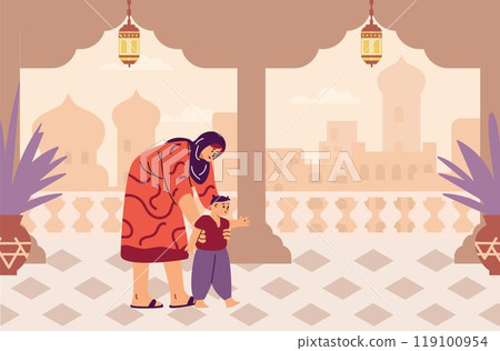 Vector illustration a happy mother in a hijab, who teaches her little son to walk. Vector illustration a happy mother in a hijab, who teaches her little son to walk. 119100954