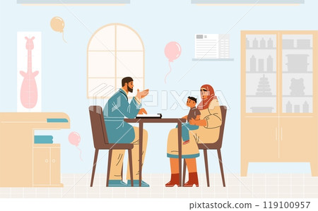 Illustration of a Muslim woman, with a child and her husband on the background of an interior room. 119100957