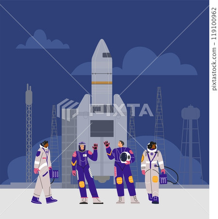 Vector illustration of female astronauts in spacesuits on the launch pad, next to the rocket. Vector illustration of female astronauts in spacesuits on the launch pad, next to the rocket. 119100962