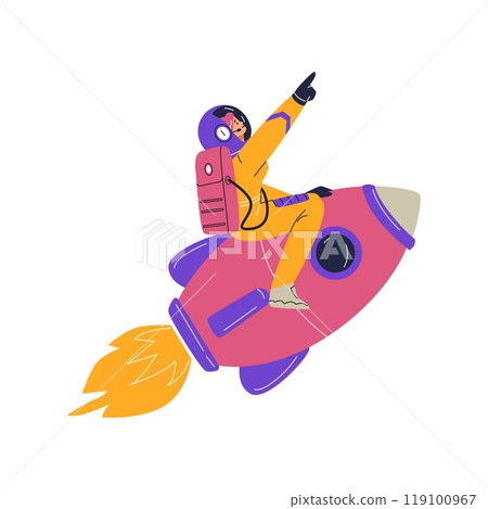 Vector illustration of a female cosmonaut in a spacesuit, flying on a rocket Vector illustration of a female cosmonaut in a spacesuit, flying on a rocket 119100967