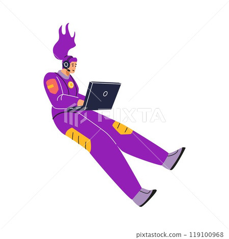 Vector illustration of a female astronaut in a protective suit in a headset with a laptop. Vector illustration of a female astronaut in a protective suit in a headset with a laptop. 119100968