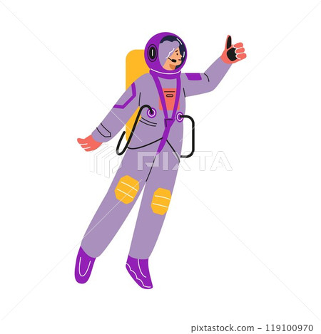 Vector illustration with a female astronaut in a spacesuit shows a gesture sign of well Vector illustration with a female astronaut in a spacesuit shows a gesture sign of well 119100970