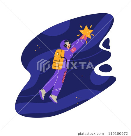 Vector illustration depicts a female astronaut in a protective suit holding a bright star. Vector illustration depicts a female astronaut in a protective suit holding a bright star. 119100972