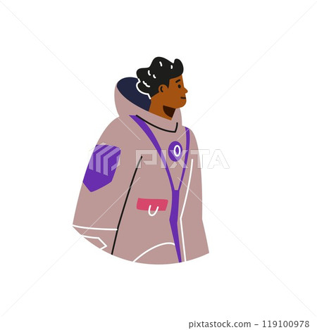 Illustration of Portrait of male astronaut with dark skin and in protective gray suit. 119100978
