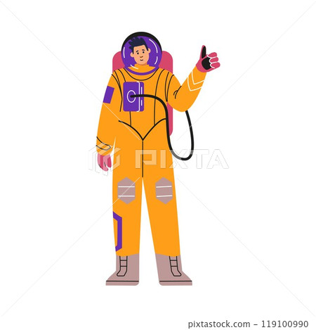 A male astronaut in a protective yellow suit is depicted with his thumb up. A male astronaut in a protective yellow suit is depicted with his thumb up. 119100990