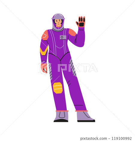 Vector illustration a female astronaut in a spacesuit waving her hand on a white background 119100992