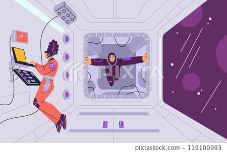 Vector illustration of female astronauts inside a spaceship with a window that overlooks the universe 119100993