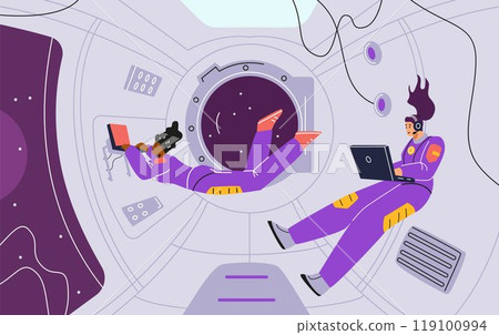 Vector illustration female astronauts in spacesuits working on laptops in the cabin of a spacecraft 119100994
