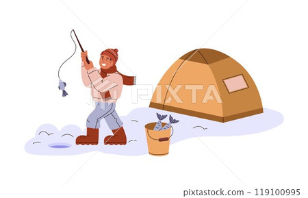 Vector graphic a boy with a fishing rod fishing in a winter setting Vector graphic a boy with a fishing rod fishing in a winter setting 119100995