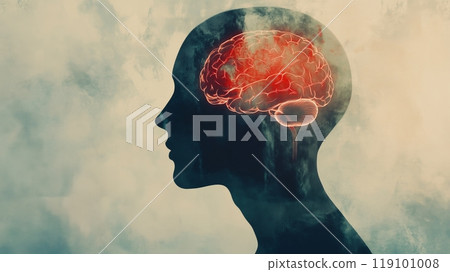 Abstract human head silhouette with brain illustration in misty background 119101008