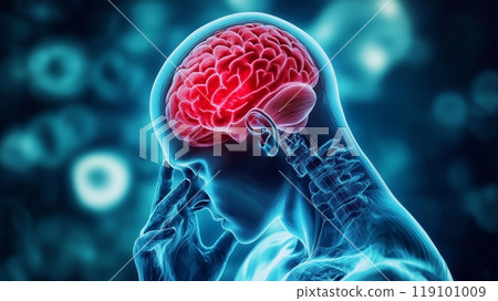 Human brain activity highlighted in a digital medical visualization 119101009