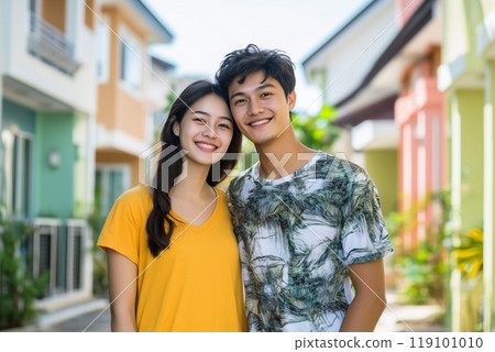 Happy couple smiling together on a colorful residential street 119101010