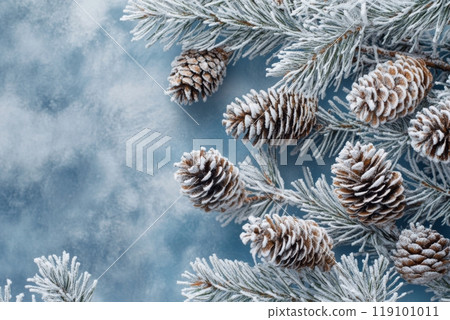 Frosted pine cones and branches on blue winter background 119101011