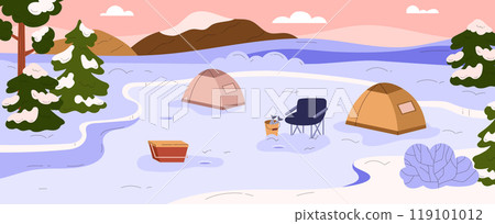 Illustration of winter forest landscape with frozen lake and tents for ice fishing. 119101012
