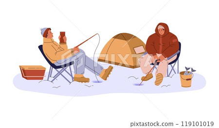 Vector scene of winter camping and fishing with young men fishing in an ice hole 119101019