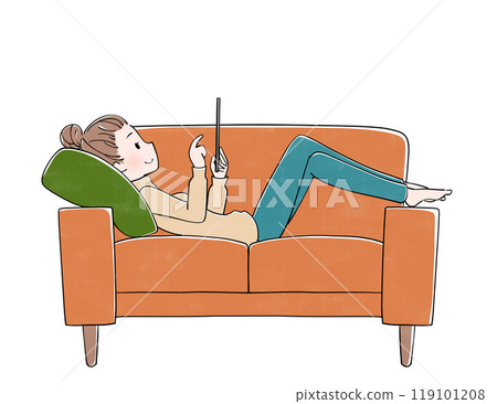 Woman relaxing on sofa looking at tablet 119101208
