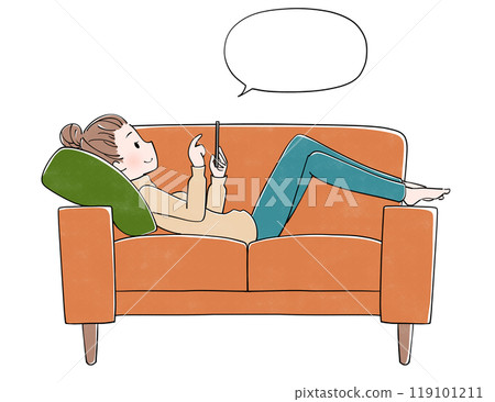 Speech bubble: A woman relaxing on the sofa while looking at her mobile phone Speech bubble: A woman relaxing on the sofa while looking at her mobile phone 119101211