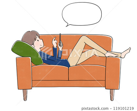 Speech bubble: A man relaxing on the sofa while looking at his mobile phone 119101219