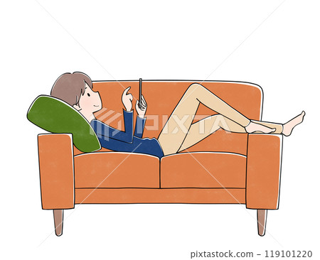 Man relaxing on sofa looking at mobile phone 119101220