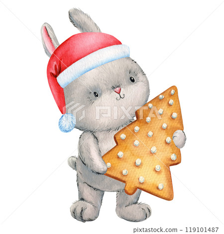 Christmas cute teddy bunny, holiday hat and gingerbread isolated white background, watercolor hand-painted illustration 119101487