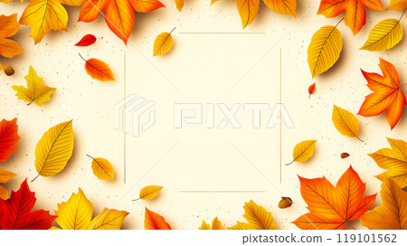 Modern autumn-themed banner with central copyspacy framed by vibrant fall leaves in shades of orange, yellow, and red. For seasonal sale,fall discounts, retail events, or online campaigns. 119101562