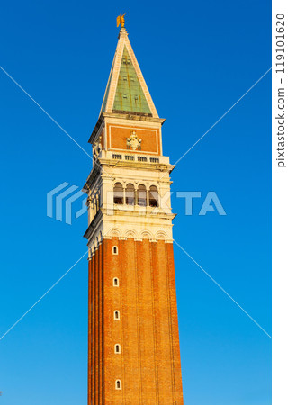 Venice, Italy red brick San Marco tower close-up Venice, Italy red brick San Marco tower close-up 119101620