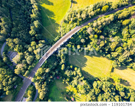 The railway bridge spans through lush greenery, connecting two sections of terrain, surrounded by trees and fields under bright sunlight. The railway bridge spans through lush greenery, connecting two sections of terrain, surrounded by trees and fields under bright sunlight. 119101784