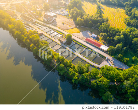 This aerial view captures fish farm pools in Trebon, Czechia, showcasing a network of rectangular pools surrounded by lush greenery and water, reflecting the vibrant colors of the landscape. This aerial view captures fish farm pools in Trebon, Czechia, showcasing a network of rectangular pools surrounded by lush greenery and water, reflecting the vibrant colors of the landscape. 119101792