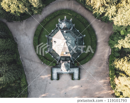 The Schwarzenberg Tomb in Domanin near Trebon, Czechia, is captured from above, showcasing its unique architecture nestled within lush forested surroundings on a clear day. 119101793