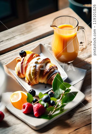 Morning Delight: Fresh Breakfast with Coffee and Juice 119101826